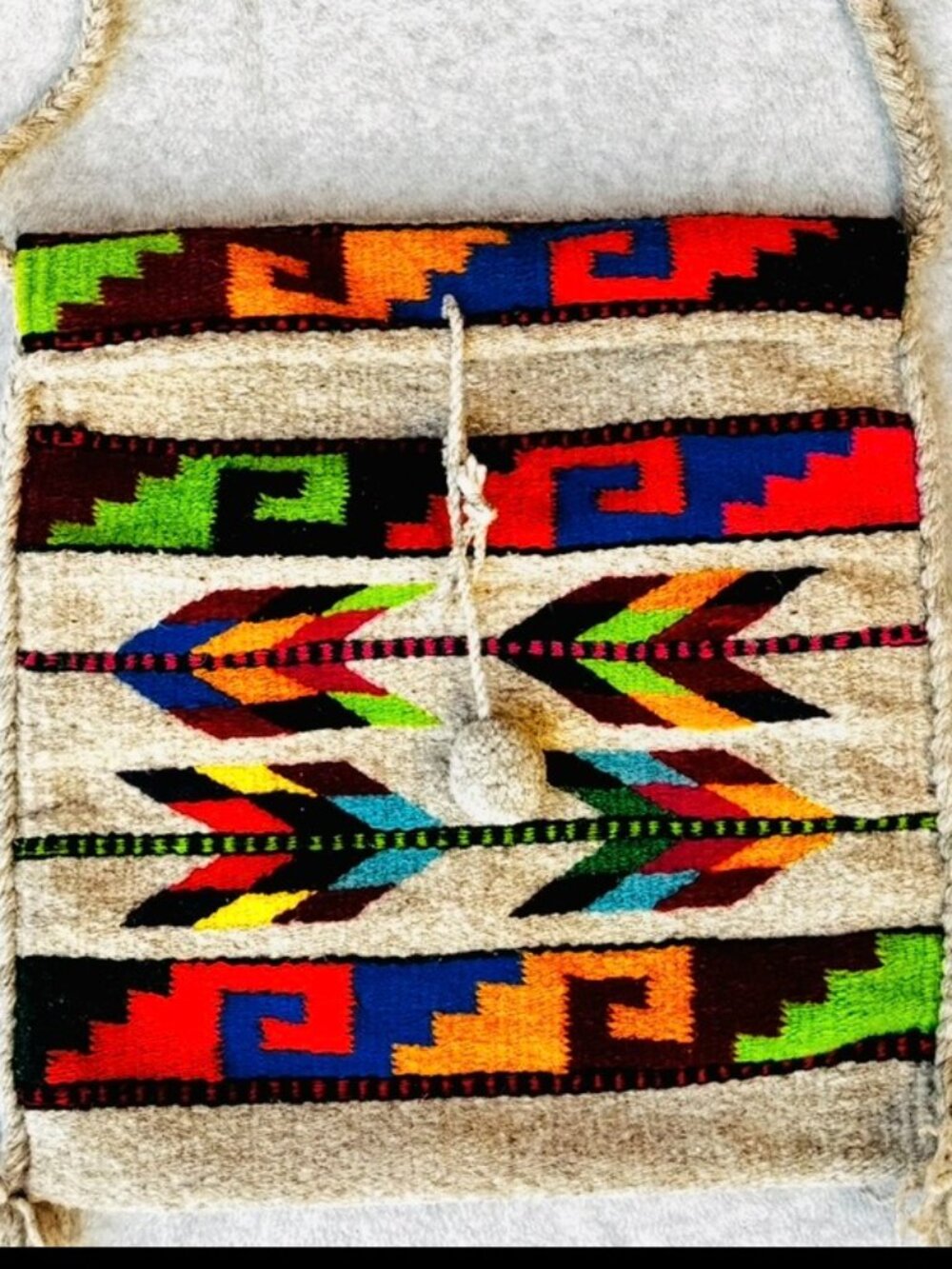 Hand Woven Zapotec Wool Messenger Bag Colorful Geometric Tapestry Missing 1 Pom